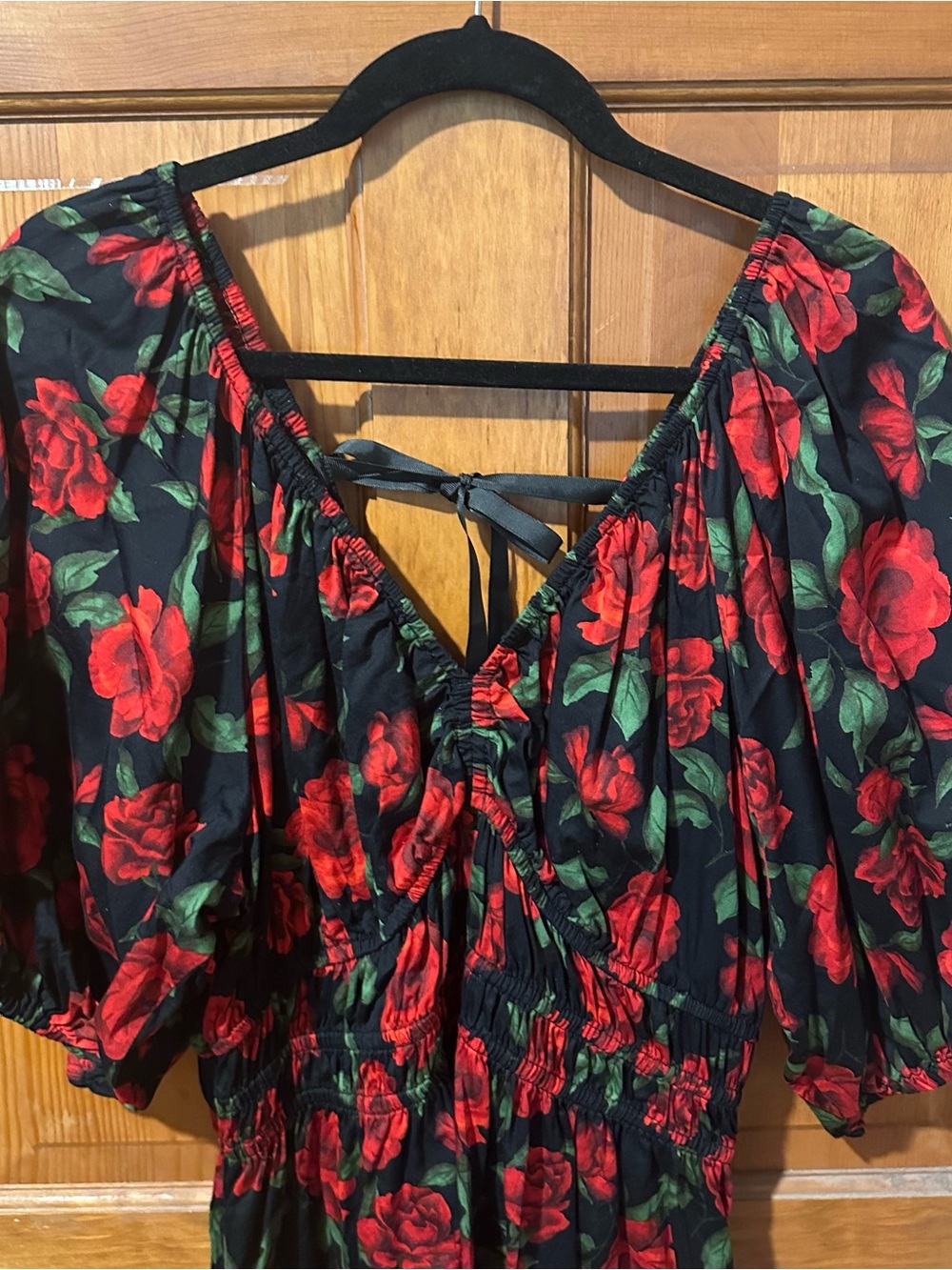Old Navy Black Puff Sleeve Dress with Red Rose Print